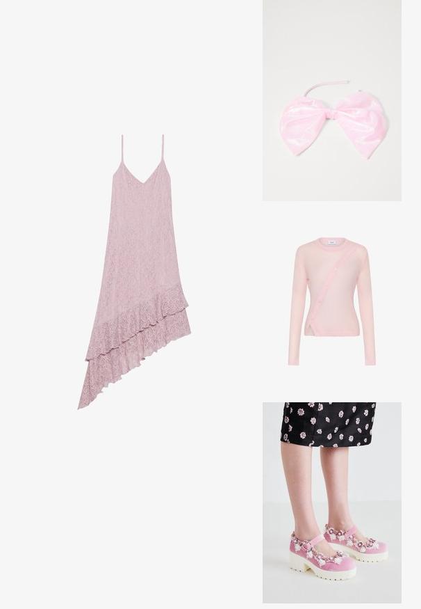 Cárdigan de manga larga en rosa claro con cierre de botones diagonal, cuello y dobladillo acanalados, y textura suave y ligeramente transparente.; Vestido de tirantes de encaje en rosa claro, con escote en V, dobladillo asimétrico y detalle de volantes a lo largo del borde inferior.; Zapatos Mary Jane de terciopelo rosa con suelas de plataforma blancas, adornados con aplicaciones florales y detalles de encaje alrededor de la apertura y la correa del tobillo.; Accesorio para el cabello de color rosa y brillante con forma de gran lazo, con una textura suave y una delgada correa para asegurarlo en su lugar.