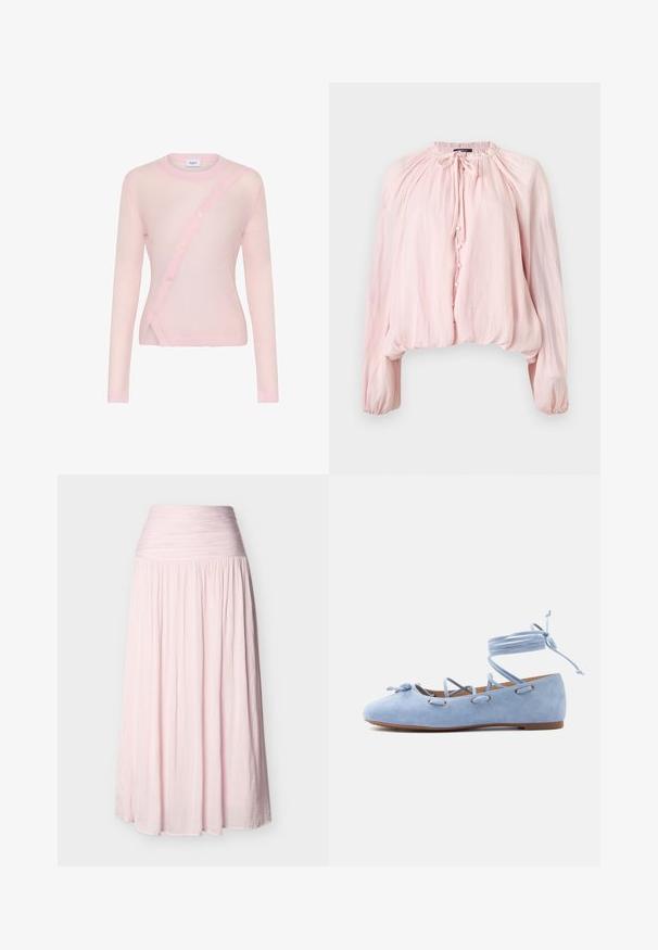 Cárdigan de manga larga en rosa claro con cierre de botones diagonal, cuello y dobladillo acanalados, y textura suave y ligeramente transparente.; Blusa de manga larga en rosa claro con escote fruncido, cierre delantero de botones, detalle de lazo y puños y dobladillo elásticos.; Falda larga de talle alto en color rosa claro, con cintura fruncida y tela plisada y fluida que llega hasta el suelo.; Bailarina plana de ante azul claro con tiras de cordones que se envuelven alrededor del tobillo y un pequeño lazo en la punta.