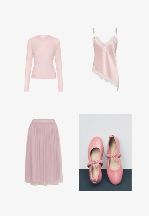 Cárdigan de manga larga en rosa claro con cierre de botones diagonal, cuello y dobladillo acanalados, y textura suave y ligeramente transparente.; Camisola de satén rosa claro con ribete de encaje blanco a lo largo del escote en V, el dobladillo y finas tiras ajustables para los hombros, con un dobladillo asimétrico.; Falda de tul rosa con una cinturilla fruncida y diseño en capas, que presenta una textura ligera y una silueta fluida.; Bailarinas de cuero rosa con punta redondeada, que cuentan con una correa plisada a lo largo del empeine y un forro interior suave.
