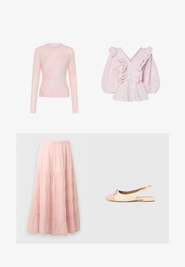 Cárdigan de manga larga en rosa claro con cierre de botones diagonal, cuello y dobladillo acanalados, y textura suave y ligeramente transparente.; Blusa de algodón rosa con un escote en V profundo, detalles con volantes a lo largo del torso y mangas abullonadas voluminosas con cierre de botón.; Falda larga y con volantes en color rosa claro, con cintura elástica y textura de tela ligeramente arrugada.; Zapato plano femenino de tiras en beige y rosa con punta puntiaguda y pequeño detalle de lazo sobre fondo liso.