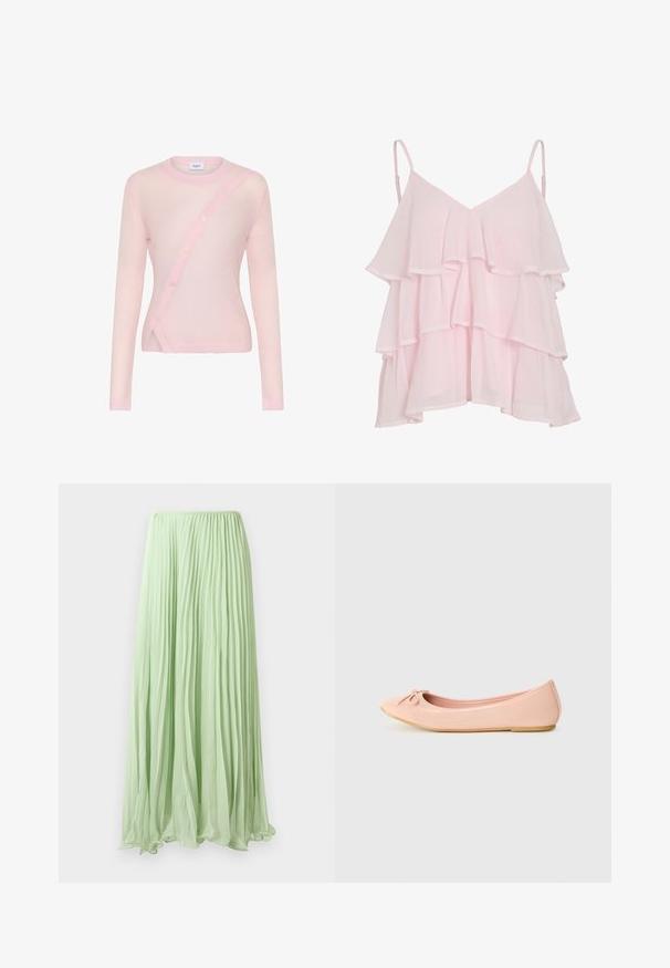 Lys rosa langærmet cardigan med diagonalt knaplukning, ribbet hals og kant samt blød, let gennemsigtig tekstur.; Lys pink lagdelt ærmeløs top med justerbare spaghetti stropper og et svævende, flæset design.; Lys grøn plisseret lang skirt lavet af let stof med elastisk talje, præsenteret mod en hvid baggrund.; Ballet flade sko i lys pink syntetisk materiale med en rund tå, der har en lille sløjfedetalje og en fleksibel sål.