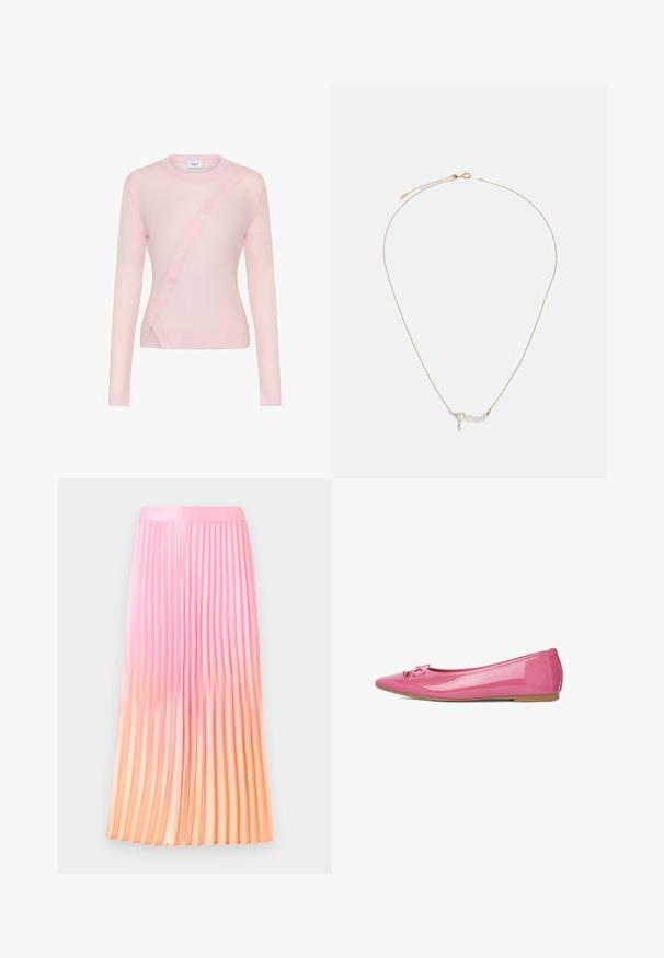 Cárdigan de manga larga en rosa claro con cierre de botones diagonal, cuello y dobladillo acanalados, y textura suave y ligeramente transparente.; Falda larga plisada con degradado ombré de rosa a durazno, cintura suave y pliegues verticales, colgando sobre un fondo liso y claro.; Zapatilla ballet plana de charol rosa con punta redondeada, un pequeño lazo decorativo en el frente y suela plana de caucho color beige. Acabado liso y brillante.; Collar de cadena de oro que presenta cuatro perlas blancas y un pequeño acento de cristal colgante, diseñado con una estética delicada y minimalista.