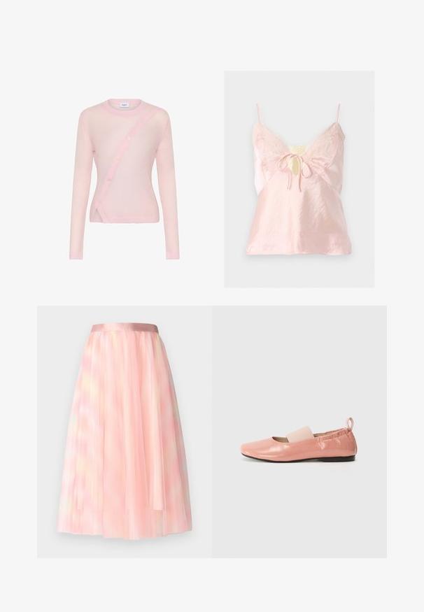Cárdigan de manga larga en rosa claro con cierre de botones diagonal, cuello y dobladillo acanalados, y textura suave y ligeramente transparente.; Camisola de satén rosa claro con ribete de encaje, tirantes finos, escote con ojal y detalle de lazo delantero.; Ida Sjöstedt FLAWLESS SKIRT - Falda acampanada - pink; Bailarinas sintéticas rosas con un acabado brillante, punta cuadrada y una suave banda elástica en el empeine. Suela de goma negra y una lengüeta en la parte trasera.
