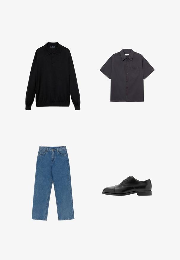 Sort langærmet polo-skjorte lavet af blødt stof, med klassisk krave, tre knapper og ribbede manchetter og kant.; Sort kortærmet skjorte med knapper, brystlomme og spids krave, vist på hvid baggrund.; Blå, højtaljede jeans med lige ben, frontknap og lynlås, bæltestropper og fem lommer på hvid baggrund.; Sort formel oxfordsko i læder med lukket snørebinding, kap tåkappe og lav stablerhæl, vist i højre side profil på hvid baggrund.