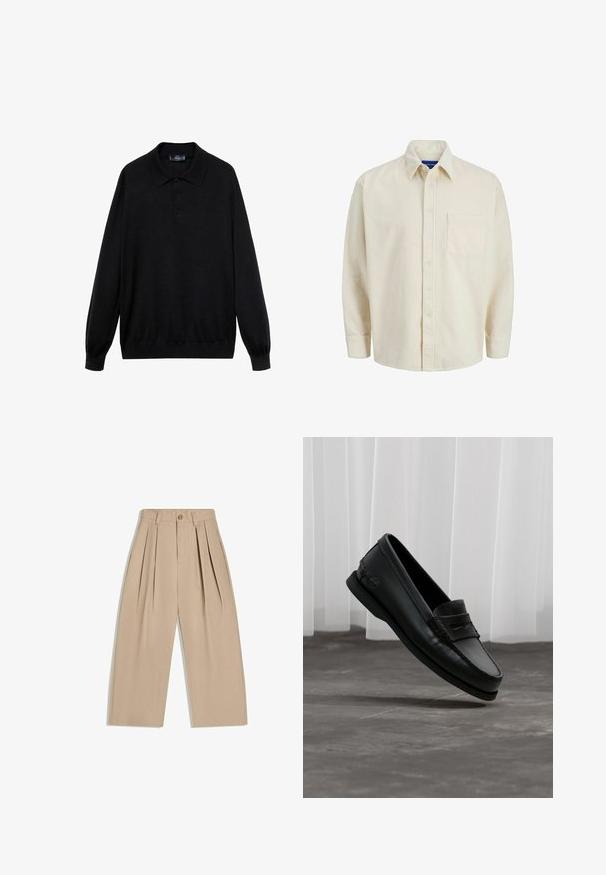 Sort langærmet polo-skjorte lavet af blødt stof, med klassisk krave, tre knapper og ribbede manchetter og kant.; Beige corduroy skjorte med knaplukning foran, krave, lange ærmer og en enkelt brystlomme. Har smalle lodrette striber.; Beige buks med højt liv, vide ben, plisseringer, bæltestropper og knaplukning foran.; Sort læder loafers med mok-tå og penny-rem, let tiltet over gråt gulv, hvide lodrette persienner i baggrunden.