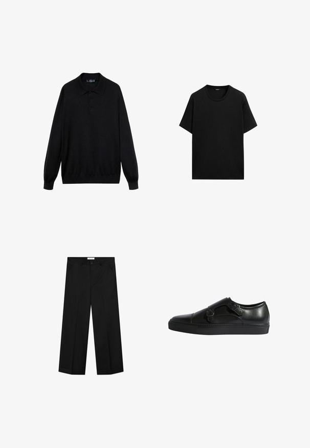 Schwarzes Langarm-Polohemd aus weichem Stoff, mit klassischem Kragen, drei Knöpfen und gerippten Bündchen und Saum.; Schwarz kurzärmliges T-Shirt aus Baumwolle mit Rundhalsausschnitt und lässiger Passform. Keine Muster oder Akzente sichtbar.; Schwarze Hosen mit weitem Bein aus glattem Material, mit Vordertaschen, einem Knopfverschluss und einer Bügelfalte an jedem Bein.; Schwarzer Lederschuh mit abgerundeter Zehenpartie, der ein elegantes Design, zwei verstellbare Schnallen und eine strukturierte Gummisohle für besseren Halt aufweist.