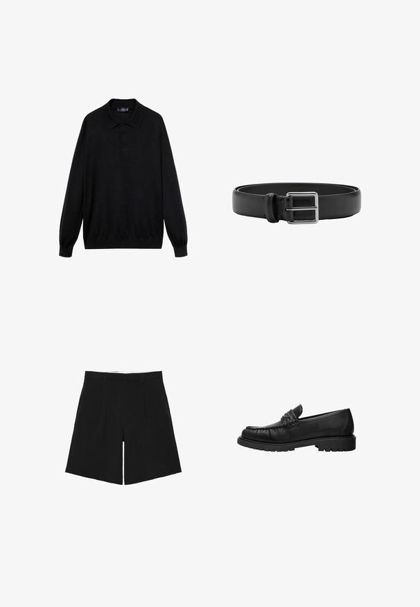 Zwarte longsleeve polo shirt van zachte stof, met een klassieke kraag, drie knopen en ribgebreide manchetten en onderrand.; Zwarte op maat gemaakte shorts met riemlussen, voorplooien en zijzakken, plat neergelegd op een witte achtergrond.; Zwarte leren loafer met gestikte bovenkant, met studs versierd bandje en dikke grof profielzool, zijaanzicht op witte achtergrond.; Zwarte leren riem met een zilverkleurige rechthoekige metalen gesp en een enkele lus om vast te maken.