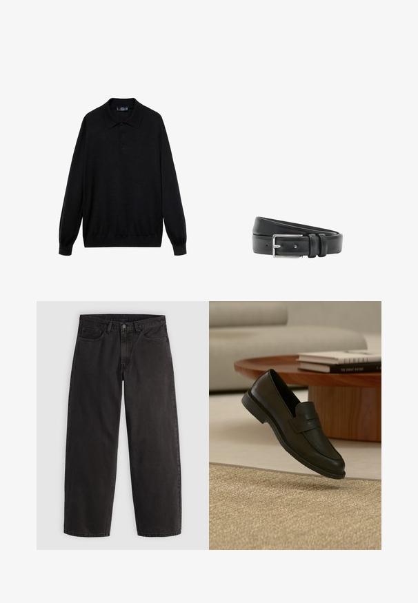 Polo negro de manga larga hecho de tejido suave, con un collar clásico, tres botones y puños y dobladillo acanalados.; Vaqueros negros de pierna recta con cinco bolsillos y trabillas para cinturón, mostrados extendidos sobre un fondo claro y liso.; Zapato mocasín de cuero negro mostrado en el aire sobre una alfombra beige tejida, con una mesa de madera y libros apilados en una sala de estar con luz suave.; Cinturón de cuero negro enrollado con una hebilla rectangular plateada y dos pasadores para cinturón sobre un fondo blanco.
