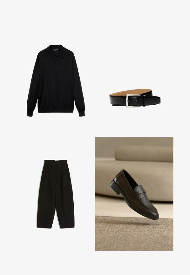 Zwarte longsleeve polo shirt van zachte stof, met een klassieke kraag, drie knopen en ribgebreide manchetten en onderrand.; Zwarte wijde broekspijpen gemaakt van zachte stof, met een geplooide voorkant, knoopsluiting en zijzakken voor extra functionaliteit.; Zwarte leren loafer die rust op een beige tapijt met een gebogen beige bank op de achtergrond.; Zwarte leren riem met zilverkleurige rechthoekige gesp, zichtbare gestikte randen en meerdere verstelgaten op een beige voering.