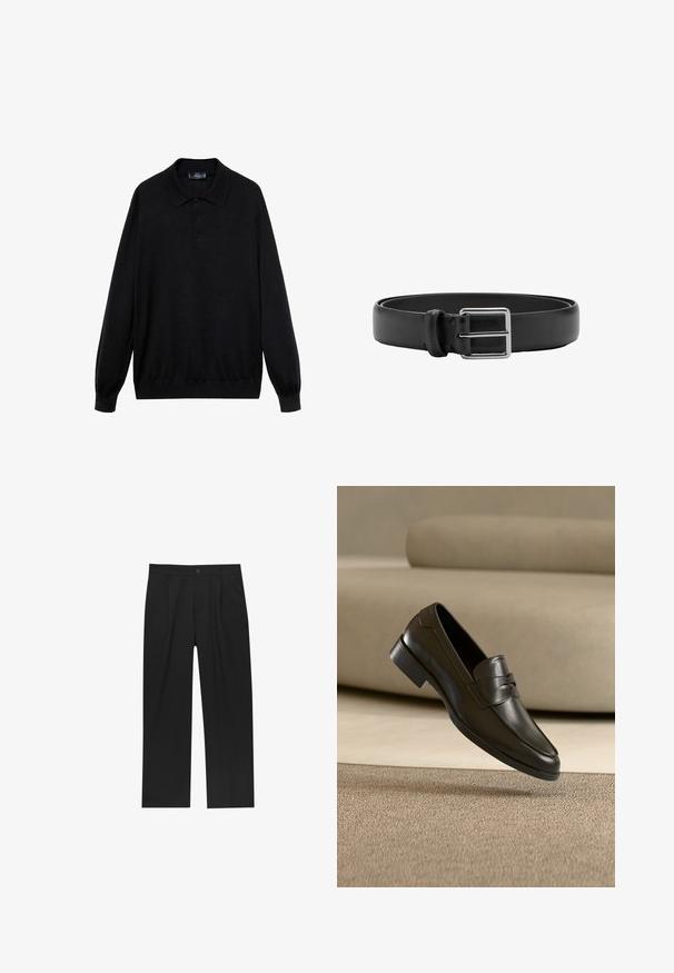 Schwarzes Langarm-Polohemd aus weichem Stoff, mit klassischem Kragen, drei Knöpfen und gerippten Bündchen und Saum.; Schwarze Hose mit geradem Schnitt, aus einem glatten Stoff gefertigt. Verfügt über Vorderfalten und einen einzelnen Knopfverschluss an der Taille.; Schwarzer Leder-Slipper, der über einem beigen Teppich schwebt, mit einem beigen Sofa im Hintergrund, und zeigt das klassische Herren-Design zum Hineinschlüpfen.; Schwarzer Ledergürtel mit einer silbernen rechteckigen Metallschnalle und einer einzelnen Schlaufe zum Befestigen.
