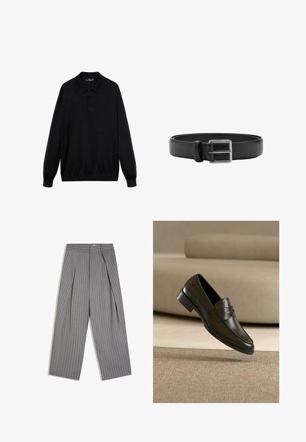 Zwarte longsleeve polo shirt van zachte stof, met een klassieke kraag, drie knopen en ribgebreide manchetten en onderrand.; Grijze broek met wijde pijpen, witte krijtstrepen en plooien aan de voorkant, met een hoge taille en riemlussen.; Zwarte leren loafer zwevend boven een beige tapijt met een beige bank op de achtergrond, met een klassiek mannenmodel instapontwerp.; Zwarte leren riem met een zilverkleurige rechthoekige metalen gesp en een enkele lus om vast te maken.