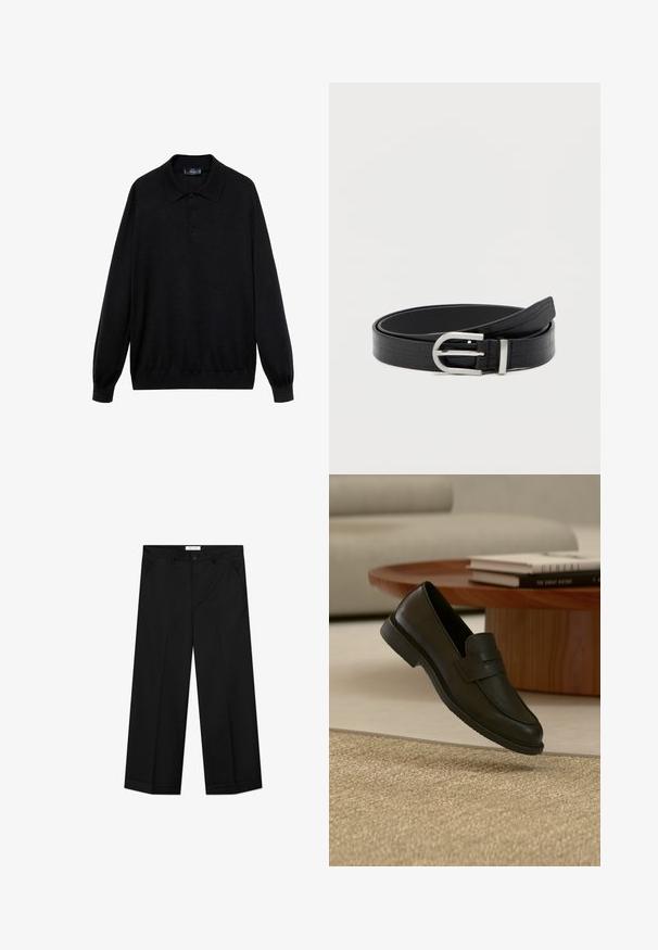 Polo negro de manga larga hecho de tejido suave, con un collar clásico, tres botones y puños y dobladillo acanalados.; Pantalones negros de pierna ancha hechos de un material liso, con bolsillos delanteros, cierre de botón y una plancha a lo largo de cada pierna.; Zapato mocasín de cuero negro mostrado en el aire sobre una alfombra beige tejida, con una mesa de madera y libros apilados en una sala de estar con luz suave.; Cinturón de cuero sintético negro con textura de cocodrilo y hebilla redonda plateada, enrollado sobre un fondo blanco liso.