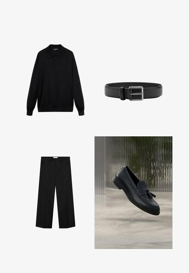 Polo negro de manga larga hecho de tejido suave, con un collar clásico, tres botones y puños y dobladillo acanalados.; Pantalones negros de pierna ancha hechos de un material liso, con bolsillos delanteros, cierre de botón y una plancha a lo largo de cada pierna.; Mocasines de cuero negro con textura suave, punta redondeada y borlas decorativas en el frente. Suela de goma flexible con tacón bajo.; Cinturón de cuero negro con hebilla metálica rectangular plateada y una sola trabilla para sujetar.