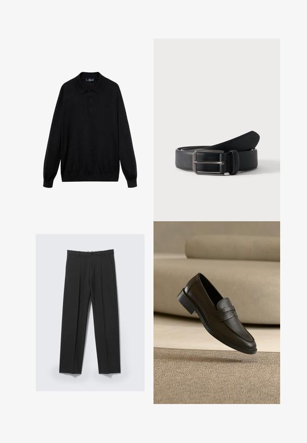 Schwarzes Langarm-Polohemd aus weichem Stoff, mit klassischem Kragen, drei Knöpfen und gerippten Bündchen und Saum.; Schwarze, maßgeschneiderte Hose mit vorderen Falten, Seitentaschen, Gürtelschlaufen und Knopfverschluss am Bund vor hellem Hintergrund.; Schwarzer Lederloafer, der auf einem beigen Teppich liegt, mit einem gebogenen beigen Sofa im Hintergrund.; Schwarzer Ledergürtel, zusammengerollt mit rechteckiger silberner Metallschnalle auf schlicht hellem Hintergrund.