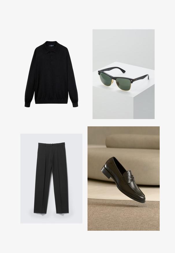 Polo negro de manga larga hecho de tejido suave, con un collar clásico, tres botones y puños y dobladillo acanalados.; Pantalones negros a medida con pinzas delanteras, bolsillos laterales, trabillas para cinturón y cierre de botón en la cintura sobre un fondo claro.; Zapato mocasín de cuero negro flotando sobre una alfombra beige con un sofá beige en el fondo, mostrando el diseño clásico para hombres sin cordones.; Gafas de sol Ray-Ban con lentes verdes, montura de plástico negro y acentos dorados en los bordes. Forma cuadrada con acabado mate.