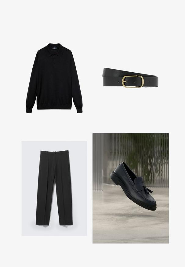 Polo negro de manga larga hecho de tejido suave, con un collar clásico, tres botones y puños y dobladillo acanalados.; Pantalones negros a medida con pinzas delanteras, bolsillos laterales, trabillas para cinturón y cierre de botón en la cintura sobre un fondo claro.; Mocasines de cuero negro con textura suave, punta redondeada y borlas decorativas en el frente. Suela de goma flexible con tacón bajo.; Cinturón de cuero negro enrollado plano con una hebilla redonda de latón y agujeros de ajuste visibles sobre un fondo blanco.