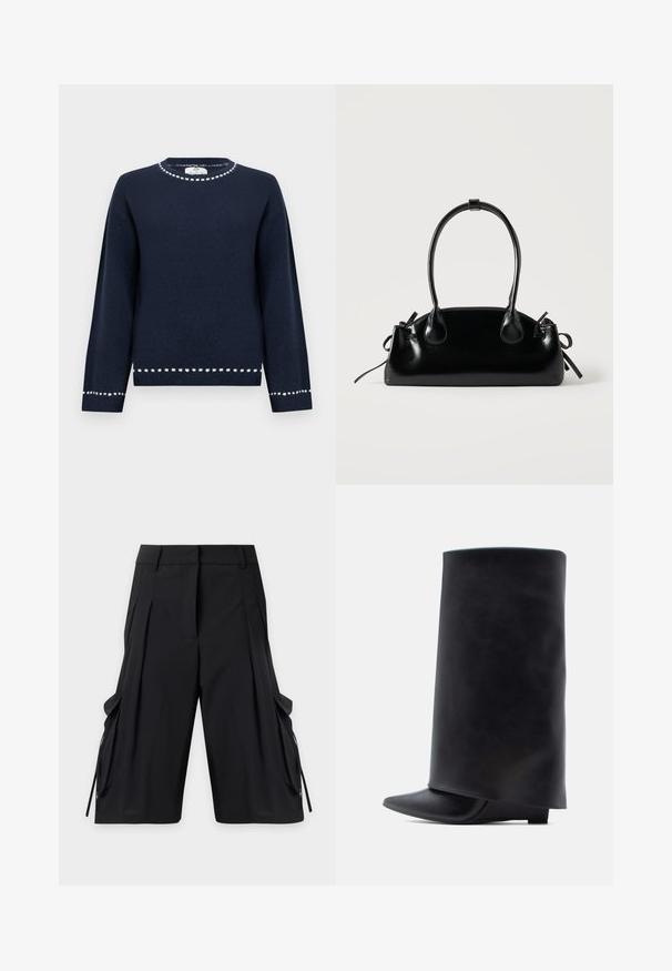 Pull bleu marine en tissu doux avec un col rond, présentant des détails blancs le long du col et de l'ourlet, et des manches longues.; Short cargo noir longueur genou avec poches latérales et passants pour ceinture sur un fond clair uni.; Bottines en cuir noir avec une tige haute cylindrique, un bout pointu et un talon plat bas, présentant une texture lisse et un design minimaliste.; Petit sac à main noir brillant avec deux longues anses et des détails à cordon sur les côtés sur un fond clair uni.