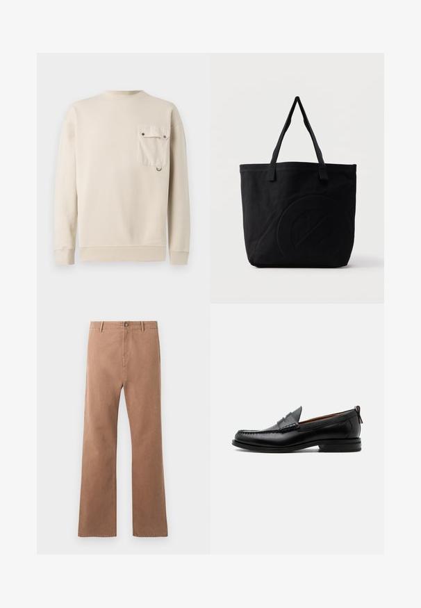 Barbour LEAZES CREW NECK - Sweatshirt - ecru; Pantalons droits marron en coton. Dotés d'une fermeture à bouton, de poches à l'avant et de coutures visibles le long des coutures.; Mocassin homme en cuir noir avec couture moc toe, bride penny, col texturé et petit talon empilé sur fond blanc.; Sac fourre-tout en toile noire avec deux bandoulières et un motif circulaire discret en relief sur le devant.