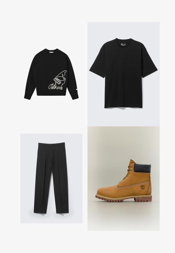 Pull noir à col rond, avec un design brodé de mains blanches et de texte. Fabriqué en tissu doux, avec des poignets et un ourlet côtelés.; T-shirt noir en coton à manches courtes et coupe décontractée, col rond, présenté sur un fond clair uni.; Pantalon noir ajusté avec plis avant, poches latérales, passants de ceinture et fermeture par bouton à la taille sur un fond clair.; Bottine en cuir marron avec col noir, lacets jaunes et semelle beige. Présente un logo et des détails de couture blanche. Semelle extérieure à traction robuste.