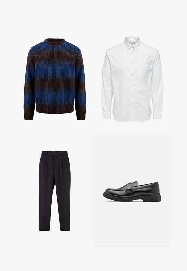 Strikket sweater i brun og blå med en ribbet tekstur, der har vandrette striber og en rund halsudskæring. Lange ærmer med ribbede manchetter.; Hvid skjorte med lange ærmer, knapper, krave og brystlomme, med mærket "Selected Homme" på indersiden af kraven.; Sorte skræddersyede bukser med forreste læg, bæltestropper og knaplukning i taljen.; Sort læder loafersko med en bred rem over forfoden, gummisål med tykke mønstre og glat overflade. Klassisk, slankt design.
