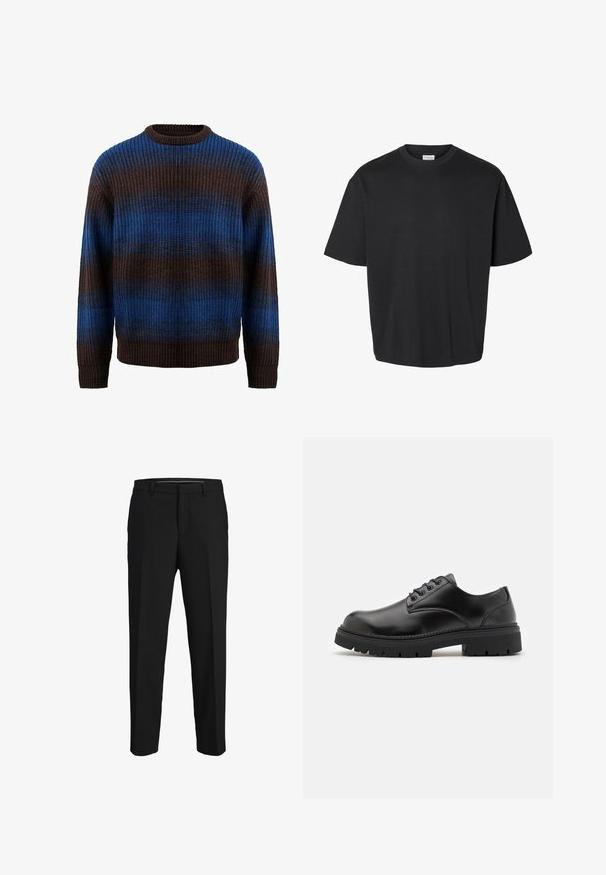Pull en tricot marron et bleu avec une texture côtelée, présentant des rayures horizontales et un col rond. Manches longues avec des poignets côtelés.; T-shirt noir à manches courtes avec col rond, coupe décontractée et une étiquette blanche visible à l'intérieur du col.; Pantalons noirs en tissu lisse, présentant une coupe droite, des passants de ceinture et un devant plat sans motifs ni embellissements visibles.; Chaussures en cuir noir avec un bout rond, un laçage et une semelle en caoutchouc épaisse et texturée. Présente des coutures le long du bord et une finition lisse.