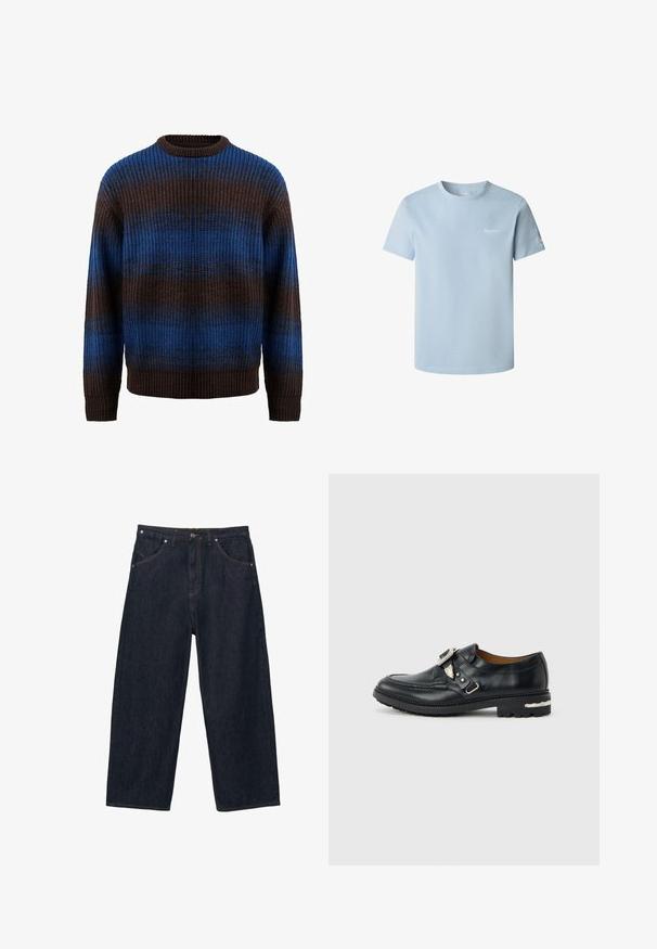 Strikket sweater i brun og blå med en ribbet tekstur, der har vandrette striber og en rund halsudskæring. Lange ærmer med ribbede manchetter.; Lyseblå bomulds t-shirt med rund hals, korte ærmer og et lille hvidt logo på venstre bryst. Glat tekstur og afslappet design.; Mørkeblå vidde jeans med fem lommer, knaplukning og synlige orange syninger.; Sort læderloafer med sølvspænde og vingeformede metaldekorationer, tyk sål med tekstureret slidbane og sølvdetalje på hælen.