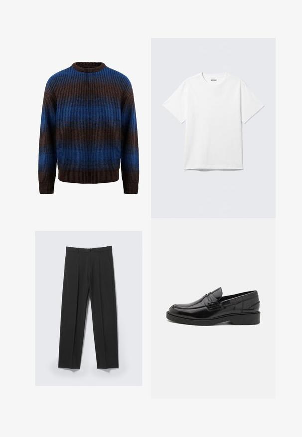Strikket sweater i brun og blå med en ribbet tekstur, der har vandrette striber og en rund halsudskæring. Lange ærmer med ribbede manchetter.; Hvid kortærmet crewneck T-shirt lagt fladt ud, ensfarvet design, med "WEEKDAY" mærkat inde i kraven på en lys baggrund.; Sorte skræddersyede bukser med forreste plisseringer, sidelommer, bæltestropper og knaplukning ved linningen på en lys baggrund.; Sorte læder loafers med en glat finish, rund tå, lav hæl og dekorativ syning langs forsiden. Gummisål for godt greb.