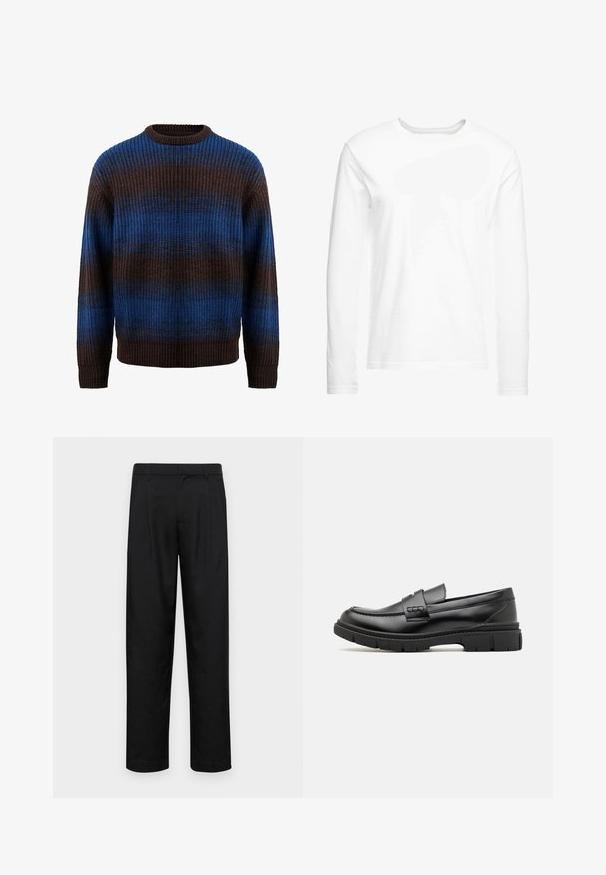Strikket sweater i brun og blå med en ribbet tekstur, der har vandrette striber og en rund halsudskæring. Lange ærmer med ribbede manchetter.; Langærmet hvid t-shirt lavet af blød bomuld. Rund halsudskæring med lige skårne kanter og ingen synlige mønstre eller grafikker.; Sorte bukser lavet af glat stof, med et lige ben-design, to frontfolder og en standard talje med bæltestropper.; Sort læder loafersko med en bred rem over forfoden, gummisål med tykke mønstre og glat overflade. Klassisk, slankt design.