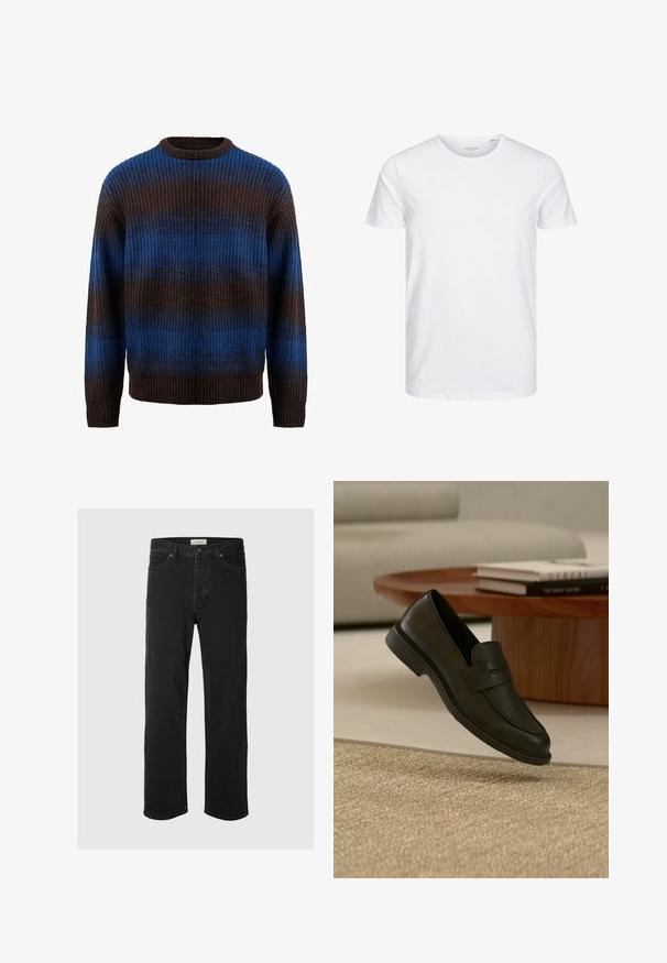 Knitted sweater in brown and blue with a ribbed texture, featuring horizontal stripes and a crew neckline. Long sleeves with ribbed cuffs.; Round-neck short-sleeve t-shirt in solid white, made of soft cotton, features a simple design with no visible patterns or accents.; Straight-leg black denim jeans with front button and pockets, displayed against a plain light background.; Black leather loafer shoe displayed mid-air above beige woven rug, with wooden table and stacked books in softly lit living room.