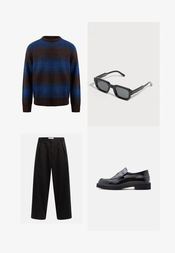 Strikket sweater i brun og blå med en ribbet tekstur, der har vandrette striber og en rund halsudskæring. Lange ærmer med ribbede manchetter.; Sort brede bukser med forkortede plisseringer, bæltesløjfer og en skjult lukning, mærket "Rebel" på taljen.; Sorte læder slip-on sko med et slankt design, rund tå og en tyk, struktureret gummisål. Har en dekorativ rem på tværs foran.; Sorte rektangulære solbriller med tykke stel og mørke, tonede linser, vinklet på en hvid baggrund.