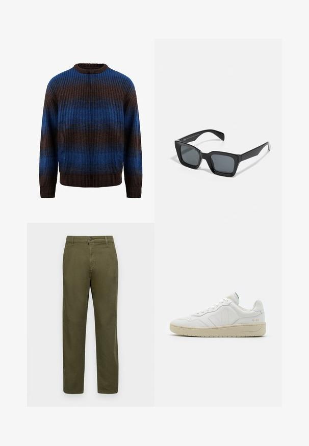 Strikket sweater i brun og blå med en ribbet tekstur, der har vandrette striber og en rund halsudskæring. Lange ærmer med ribbede manchetter.; Olivengrønne bomuldsbukser med lige pasform, knaplukning og minimale syninger. Glat tekstur uden tydelige mønstre.; Hvide lædersneakers med struktureret overflade og polstret krave. Har en beige gummisål og diskret branding på hælen og siden.; Sorte rektangulære solbriller med mørke linser. Plastisk stel med højglans finish, der har en bred næsebro og let tilspidsede arme.