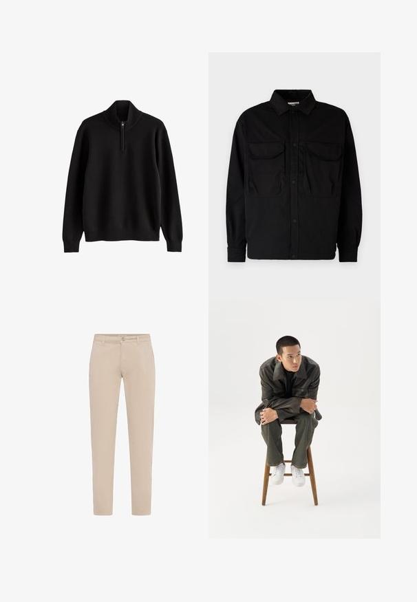 Sort strikket pullover med lange ærmer og en halvlængde lynlås på ribstrikket krave, manchetter og kant, vist på en hvid baggrund.; Jack & Jones JCOHELVETICA PARACHUTE OVERSHIRT - Skjorter - black; Beige slim-fit chinos med forreste knap- og lynlåslukning, bæltestropper og sidelommer, vist på en hvid baggrund.; Ung mand i mørk læderjakke og jeans sidder på en træskammel, læner sig fremad med armene krydset og kigger til siden mod hvid baggrund.