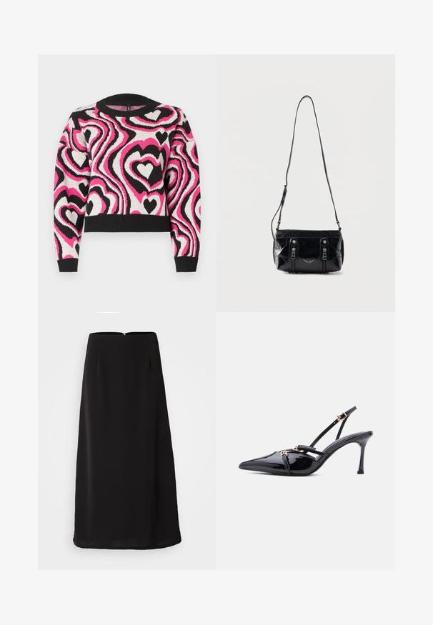 Pull en tricot avec un motif ondulé de cœurs roses, blancs et noirs. Encolure et poignets côtelés ; design court. Texture douce.; Jupe midi noire avec une texture lisse, silhouette droite et fermeture éclair au dos. Présente des plis subtils pour plus de détail et de fluidité.; Escarpin slingback à bout pointu en cuir verni noir avec fines brides et petites boucles dorées sur fond blanc.; Sac à bandoulière en cuir noir avec sangle réglable, deux fermetures éclair verticales sur le devant et un petit emblème métallique en forme d'aile sous les fermetures éclair.