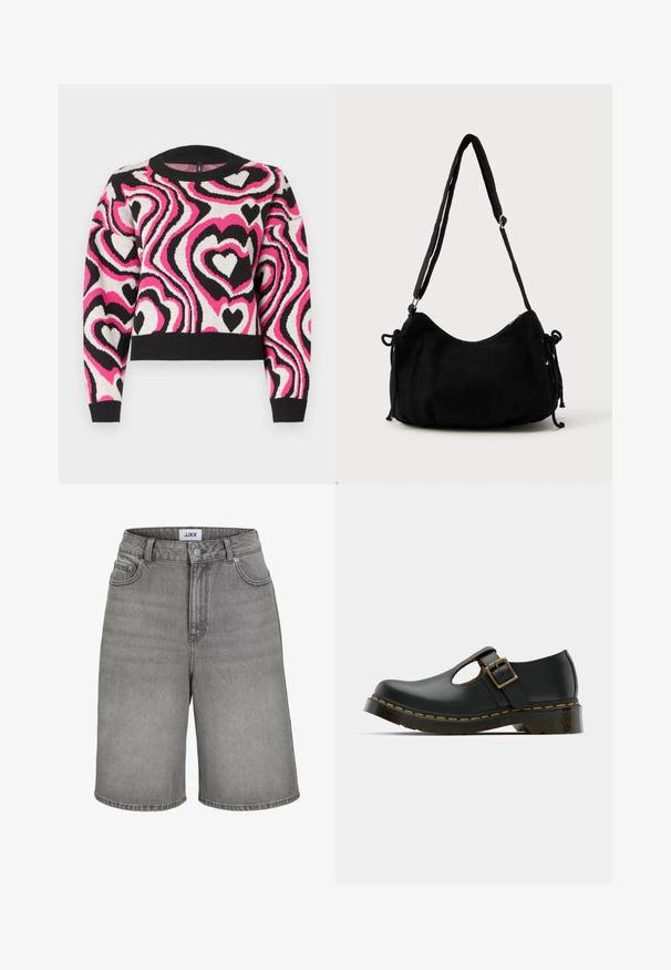 Jersey de punto con un patrón ondulado de corazones en rosa, blanco y negro. Cuello y puños acanalados; diseño corto. Textura suave.; Shorts de mezclilla gris con un diseño clásico que cuenta con una tapeta de botones, cinco bolsillos y costuras visibles. La tela tiene una textura suave.; Zapato de cuero negro con punta redondeada, tira de tobillo y hebilla, tacón bajo y costura amarilla a lo largo de la suela. Textura lisa en toda su superficie.; Bolso de hombro de pana negra con forma curva, correa ajustable y cierres de cordón en ambos lados para ajustar el tamaño.