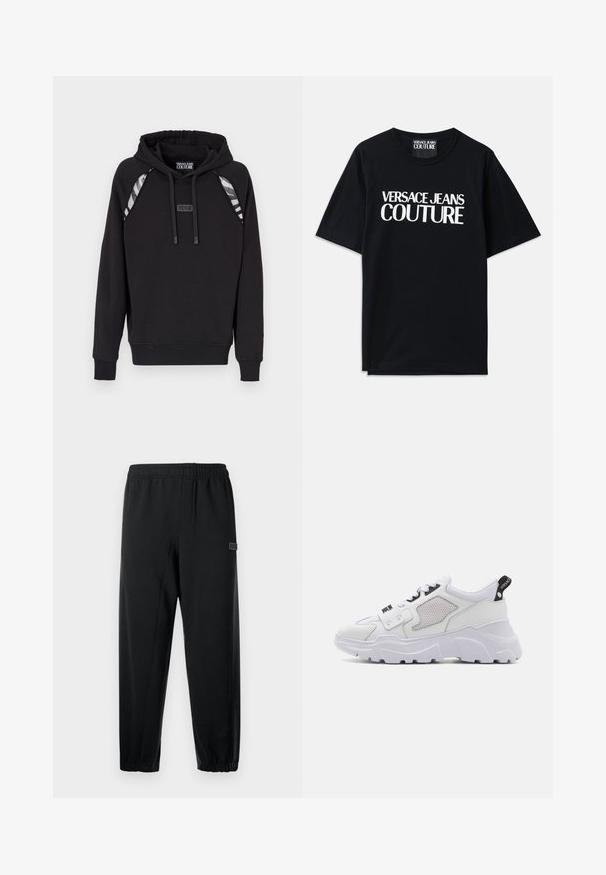 Haut à capuche noir avec des poignets et un bas côtelés, doté d'accents rayés gris sur les épaules et d'une étiquette logo à l'avant. Texture du tissu douce.; T-shirt en coton noir à manches courtes avec un grand texte blanc "VERSACE JEANS COUTURE" sur le devant. Design classique avec col rond.; Pantalons de survêtement noirs avec une taille élastique, des jambes fuselées et une petite patch de marque. Fabriqués en tissu lisse et léger.; Baskets blanches chunky avec un dessus en cuir texturé, des accents en mesh, un détail de logo noir et une épaisse semelle blanche. Boucle sur le côté pour un enfilage facile.