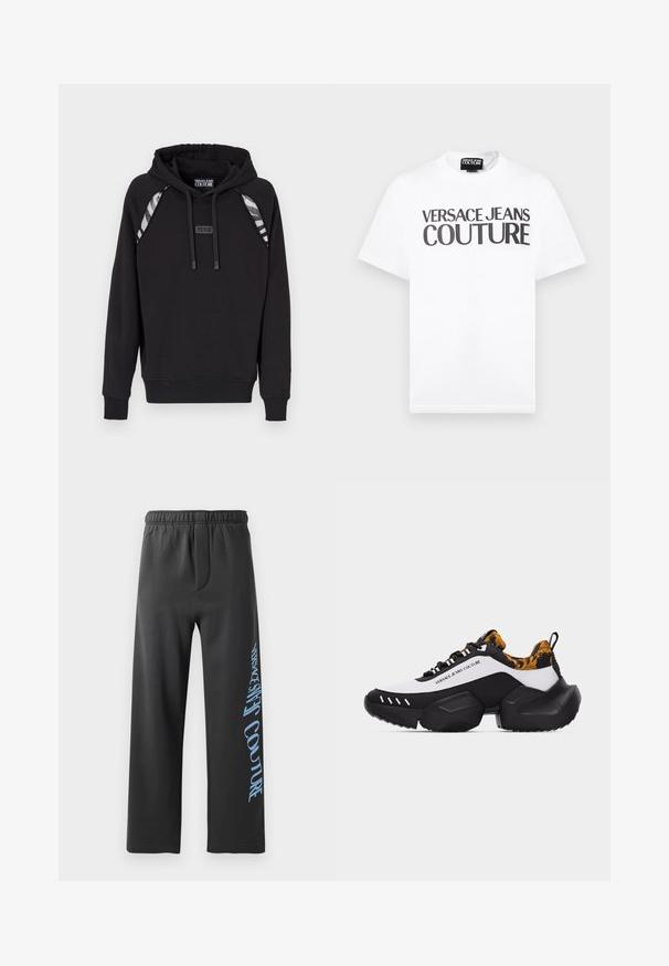 Haut à capuche noir avec des poignets et un bas côtelés, doté d'accents rayés gris sur les épaules et d'une étiquette logo à l'avant. Texture du tissu douce.; T-shirt blanc à manches courtes avec texte noir "VERSACE JEANS COUTURE" sur la poitrine et une petite étiquette de la marque à l'intérieur du col.; Pantalons de jogging noirs en tissu doux, avec une coupe ample et une taille élastique. Texte imprimé bleu notable sur le côté.; Baskets épaisses noires et blanches avec semelle exagérée, lacets noirs, col orange à motif, et texte "Versace Jeans Couture" sur le côté.