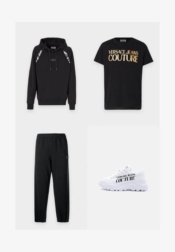 Sudadera negra con puños y dobladillo acanalados, que presenta acentos a rayas grises en los hombros y una etiqueta de logo en la parte delantera. Textura de tela suave.; Camiseta negra de manga corta con un gran texto metálico dorado "Versace Jeans Couture" en el frente y un cuello redondo.; Pantalones deportivos negros con una cintura elástica, piernas ajustadas y un pequeño parche de marca. Fabricados con una tela suave y ligera.; Zapatilla blanca gruesa con suela gruesa, diseño con cordones y "Versace Jeans Couture" impreso en letras negras negritas en el lateral.