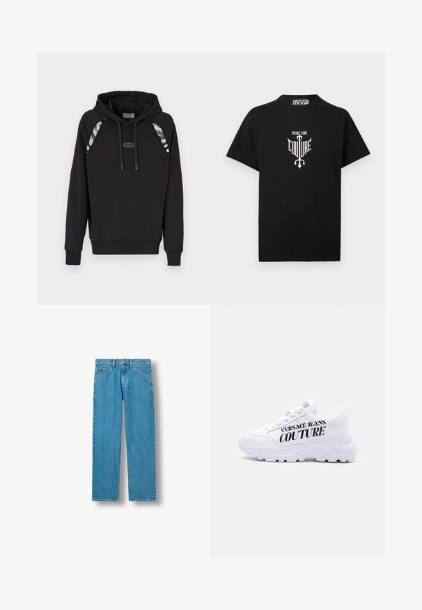 Mustapaita, jossa on ribbikuvioidut hihansuut ja helma, harmailla raitaakselilla olkapäillä ja logo-etiketti edessä. Pehmeä kangas.; Musta lyhythihainen T-paita, jossa valkoinen "Versace Jeans Couture" -logo ja kolmisakara keskellä rintaa.; Siniset suoralahkeiset farkut, joissa on edessä nappi- ja vetoketjusuljin, vyölenkit sekä etu- ja takataskut.; Valkoinen paksupohjainen lenkkari, jossa nauhoitus ja "Versace Jeans Couture" -tekstitys suurilla mustilla kirjaimilla sivussa.