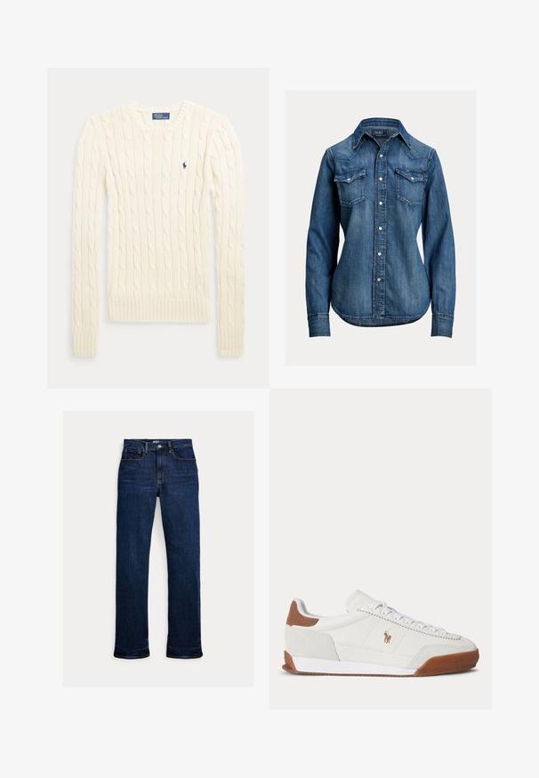 Kremfarvet kabelstrikket langærmet sweater med ribstrikkede manchetter og kant, med en lille broderet logo på venstre bryst.; Langærmet blå denimskjorte med perleknapper, to brystlommer med klap og spids krave fra Polo Ralph Lauren.; Mørkeblå straight-leg jeans med frontknap og lynlås, fem-lomme design og synlige syninger.; Hvid sneaker med lavt skaft med brune ruskindsdetaljer ved hæl og tå, hvide snørebånd og et lille brunt broderet logo på siden.