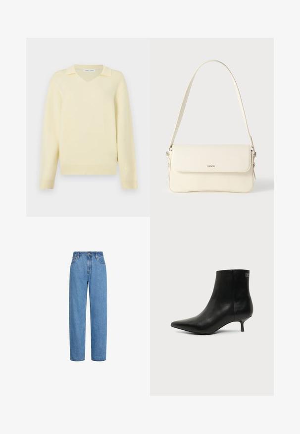 Pull jaune à col en V avec un col structuré, fabriqué en matériau doux, doté de manches longues et de détails côtelés à l'ourlet.; Jean denim bleu à jambes droites, taille haute, bouton frontal et poches, présenté sur un fond blanc.; Bottine en cuir noir avec bout pointu et petit talon kitten sur fond clair, vue côté extérieur.; Sac à bandoulière en cuir couleur crème avec fermeture à rabat, quincaillerie argentée, une bandoulière réglable et un logo discret.