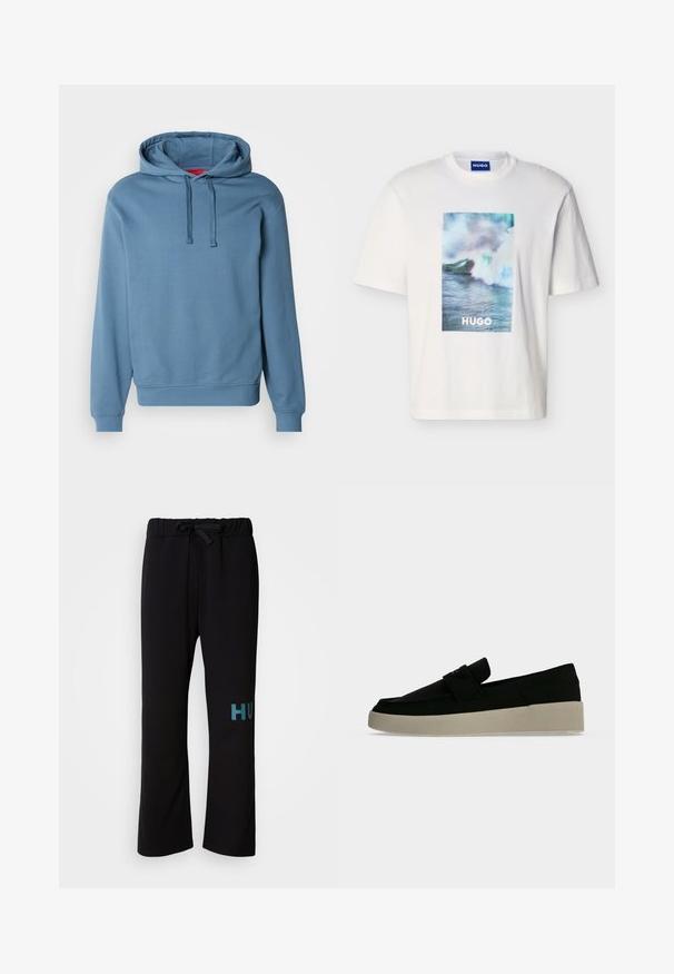 Sweat à capuche bleu en tissu de coton doux. Comprend une capuche avec cordon de serrage, des poignets et un ourlet côtelés, avec un logo discret embossé sur la poitrine.; T-shirt blanc à manches courtes avec un motif de vague océanique en bleu, vert et blanc et le texte "HUGO" centré à l'avant.; Pantalon de survêtement noir à taille avec cordon, présentant une coupe à jambes larges et un texte "HUGO" en bleu sarcelle sur la jambe gauche. Texture du tissu douce.; Chaussure noire à enfiler avec une semelle épaisse beige clair, un talon bas et un détail de sangle sur le côté supérieur sur un fond gris clair uni.
