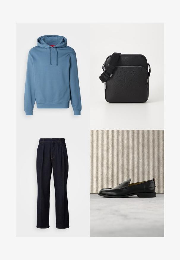 Sweat à capuche bleu en tissu de coton doux. Comprend une capuche avec cordon de serrage, des poignets et un ourlet côtelés, avec un logo discret embossé sur la poitrine.; Jean en denim large à jambes bleues foncées avec des plis devant et des coutures orange, présenté sur fond blanc.; Mocassin pour homme en cuir noir avec un dessus embossé effet croco et un petit talon, présenté de profil sur un fond neutre.; Sac bandoulière en cuir noir avec une surface texturée, doté d'une poche zippée à l'avant, d'une bandoulière ajustable et d'accents en métal.