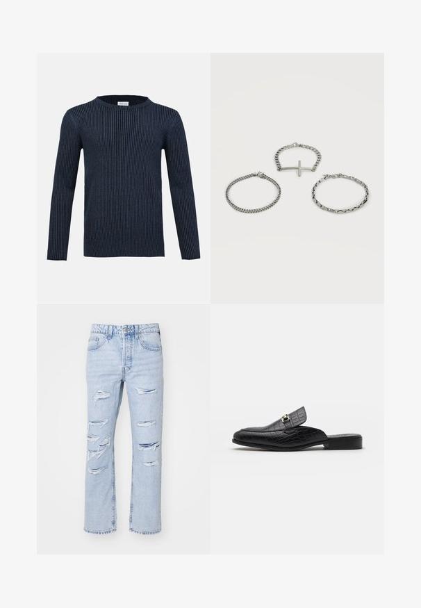 Marineblå ribstrikket sweater med lange ærmer, rund hals og tekstureret mønster. Fremstillet af et blødt stof, der har en slank silhuet.; Lyseblå denim jeans med løs pasform, der har flere slidte områder og frynsede kanter. Klassisk fem-lomme design, knaplukning.; Sorte krokodillembossede læderslippers med flad hæl og en dekorativ metal spænde på remmen. Glat tekstur og strømlinet design.; Tre sølvkædearmbånd, hvoraf det ene har et vandret kors som midterstykke, arrangeret på en hvid baggrund.
