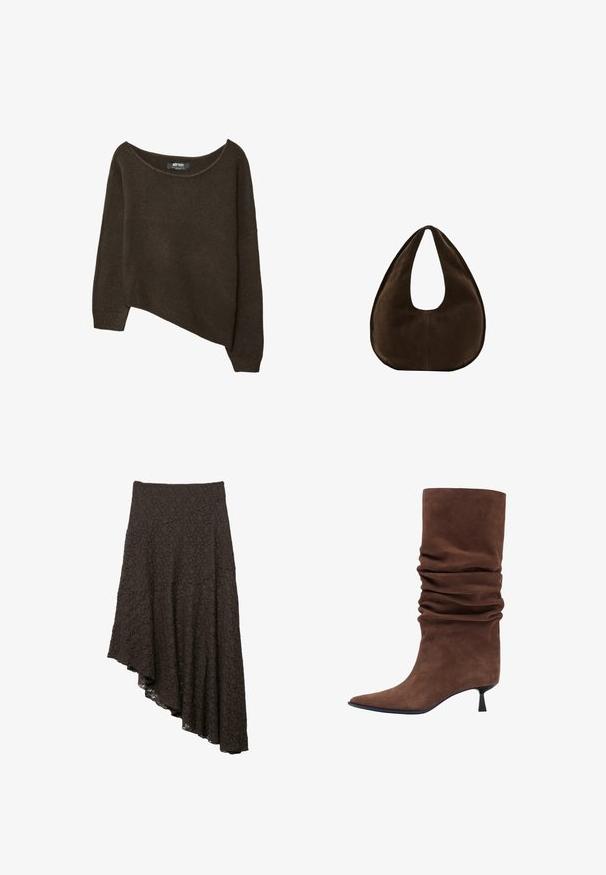 Brun, løst strikket sweater med en asymmetrisk kant og bred halsudskæring. Blød tekstur med ribbede manchetter og et mærke på den indvendige halsudskæring.; Sort blonderok med asymmetrisk skørt, udvidet design og tekstureret blomsterprint.; Brun ruskindsstøvle med løs pasform, spids snude, kort blokhælk, glat tekstur og foldede stofdetaljer omkring skaftet.; Mørkebrun ruskind skuldertaske formet som en halvmåne med en bred rem og glat tekstur på en hvid baggrund.