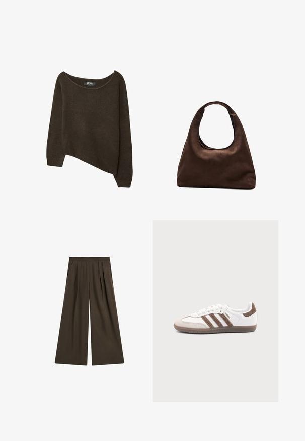 Pull en tricot lâche marron avec un ourlet asymétrique et un col large. Texture douce avec des poignets côtelés et une étiquette à l'intérieur du col.; Pantalon large marron foncé avec plis, poches latérales et taille haute, posé à plat sur un fond blanc.; Baskets Adidas Samba blanches avec des bandes en daim marron, semelle en caoutchouc marron et bout en daim beige, vues du côté extérieur sur un fond uni.; Sac à main en toile marron doux de style hobo avec une large sangle unique et une ouverture en haut arrondie, présenté sur un fond blanc.
