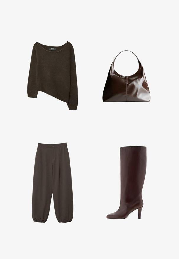 Brun, løst strikket sweater med en asymmetrisk kant og bred halsudskæring. Blød tekstur med ribbede manchetter og et mærke på den indvendige halsudskæring.; Mørkebrune løstsiddende bukser med knaplukning, læg foran og elastiske manchetter ved anklerne.; Brune læder knæhøj støvle med spids tå og stiletto hæl. Glat tekstur og sømløst design.; Brun læder hobo taske med en rund top, glat tekstur og diskrete sømdetaljer. Stropperne er brede og buede for komfort.