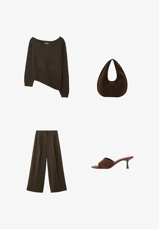Pull en tricot lâche marron avec un ourlet asymétrique et un col large. Texture douce avec des poignets côtelés et une étiquette à l'intérieur du col.; Pantalon à jambes larges en tissu marron foncé, avec plis à l'avant et texture lisse. Pas de poches visibles ni d'ornements.; Mule en daim marron à bout ouvert, talon en bois incurvé de hauteur moyenne et design à enfiler sur fond blanc.; Sac à main en daim marron foncé en forme de croissant avec une seule sangle large et une texture lisse sur fond blanc.