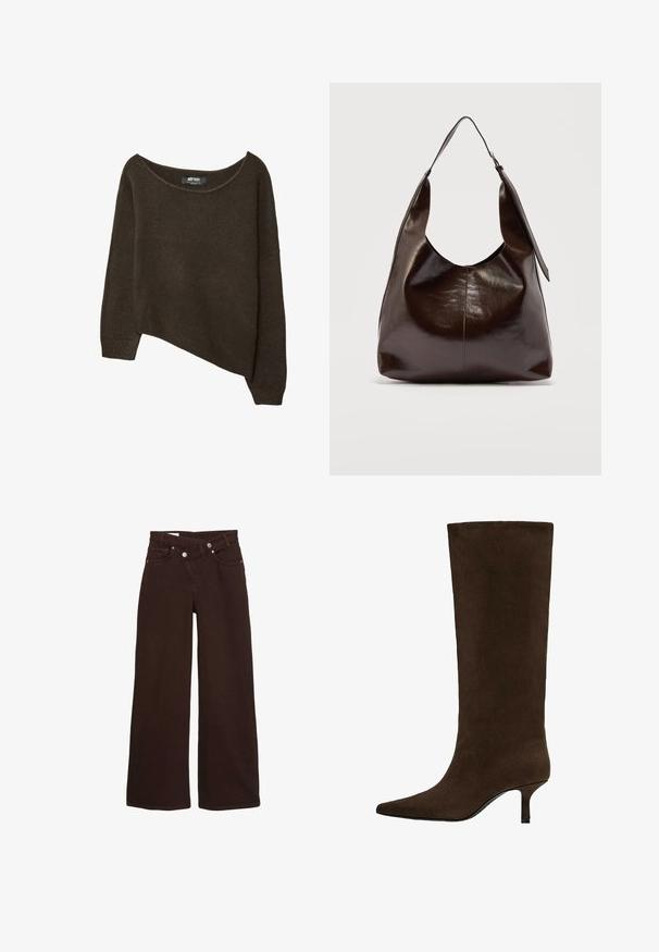 Brun, løst strikket sweater med en asymmetrisk kant og bred halsudskæring. Blød tekstur med ribbede manchetter og et mærke på den indvendige halsudskæring.; Brune vide ben jeans med høj talje, front lynlås og knaplukning, der har for- og baglommer.; Høj mørkebrun ruskind knæhøj støvle med spids tå og lav, tynd hæl.; Mørkebrunt, skinnende læder skuldertaske med en enkelt bred rem og spændedetalje på den ene side, sat mod en ensartet lys baggrund.