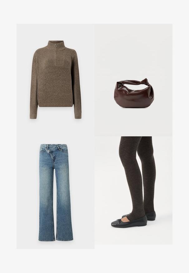 Brun ribbet striktrøje med høj hals og en lynlås foran med et rundt træk. Lange ærmer og en afslappet pasform.; Lyseblå denim jeans med vide ben og høj talje, let falmet effekt og knaplukning foran. Har fem lommer og minimal syning.; Ben iført mørke ribbede leggings kombineret med sorte balletsko med små sløjfedetaljer på hvid baggrund.; Mørkebrun læder skuldertaske med en blød, afslappet form og et snoet knudehåndtag på en ensartet hvid baggrund.