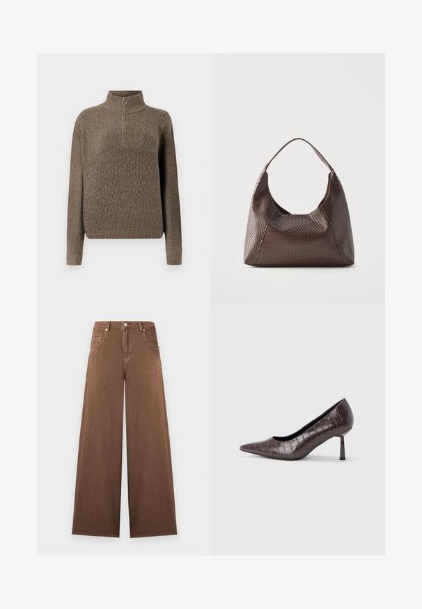 Brun ribbet striktrøje med høj hals og en lynlås foran med et rundt træk. Lange ærmer og en afslappet pasform.; Brune vidde-ben jeans i denim med høj talje, forreste knap- og lynlås lukning og design med fem lommer.; Brune kunstlæder stiletter med spidse tæer og krokodilletekstur, der har en slank, vinklet hæl og en glat inderside.; Brun flettet læder skuldertaske med en enkelt bred strop og en slasket, halvmåneformet krop.